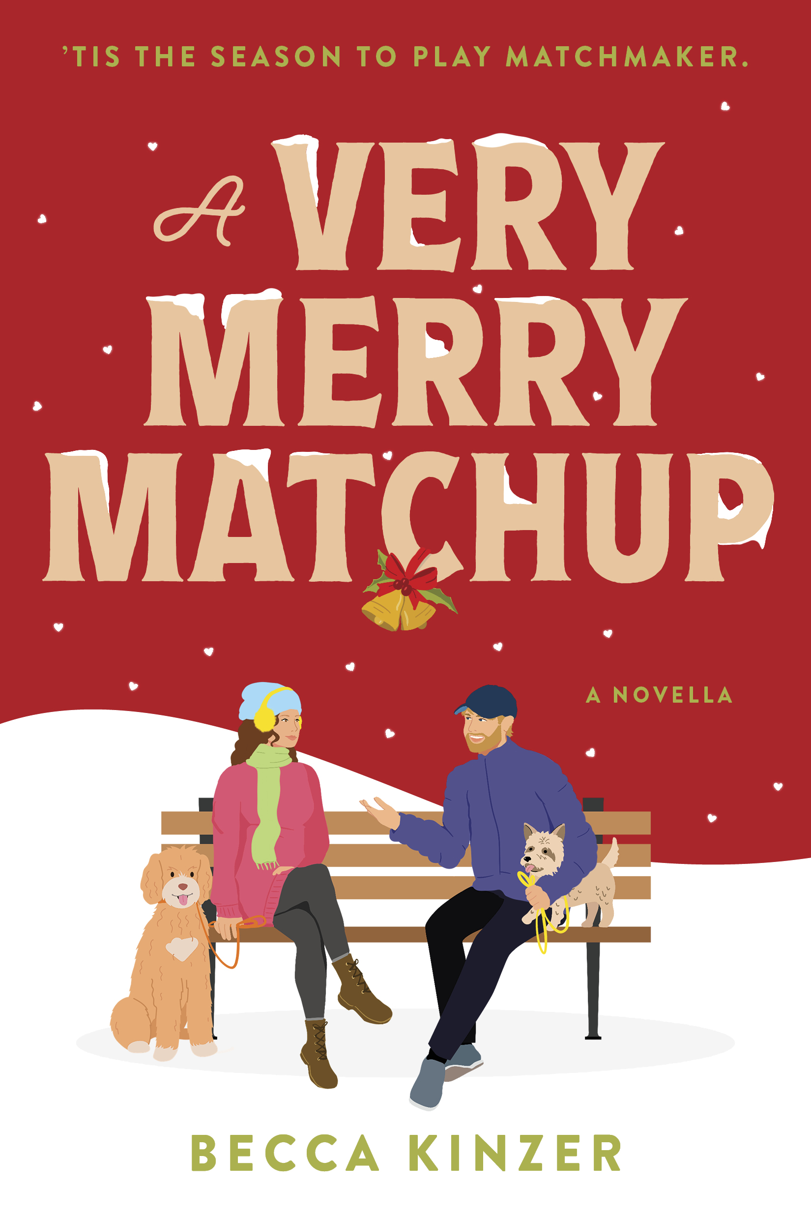 man and woman with their dogs, sitting on a snowy bench