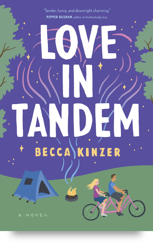 Love in tandem. Purple background, at a small campsite with a couple on a tandem bike